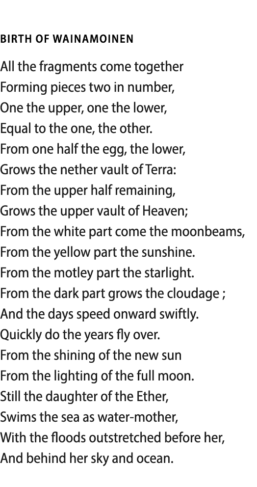   BIRTH OF wainamoinen All the fragments come together Forming pieces two in number, One the upper, one the lower, Eq   