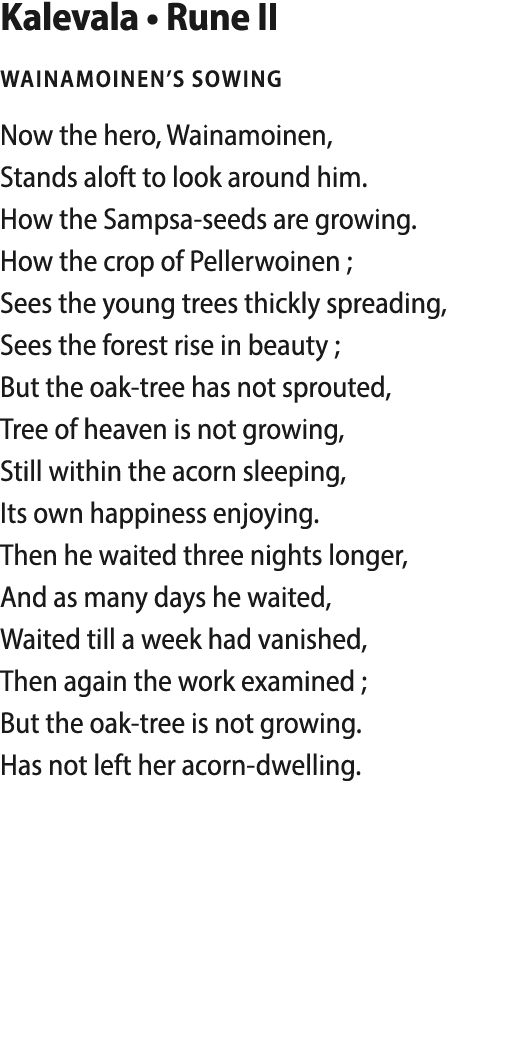  Kalevala   Rune II wainamoinen s sowing Now the hero, Wainamoinen, Stands aloft to look around him  How the Sampsa-s   