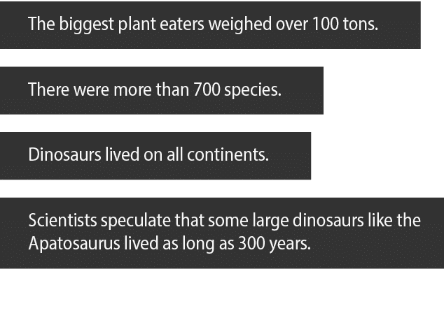 The biggest plant eaters weighed over 100 tons  There were more than 700 species  Dinosaurs lived on all continents     