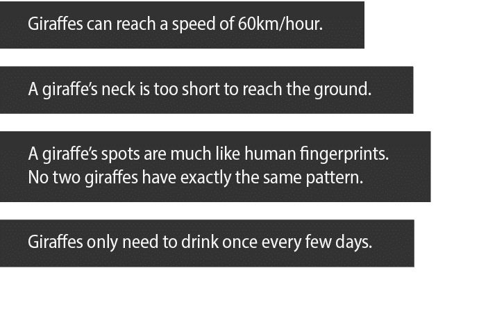 Giraffes can reach a speed of 60km hour  A giraffe s neck is too short to reach the ground  A giraffe s spots are muc   